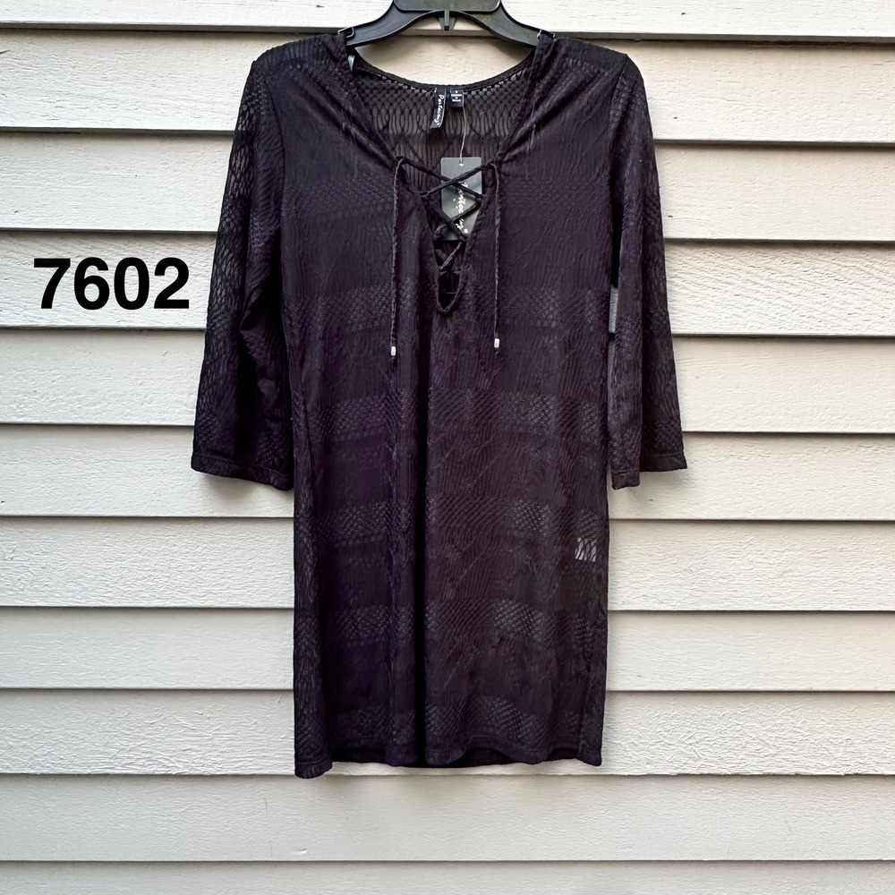 Portocruz Black Lace Up Swim Coverup Tunic 3/4 Sleeve Plus Size Small